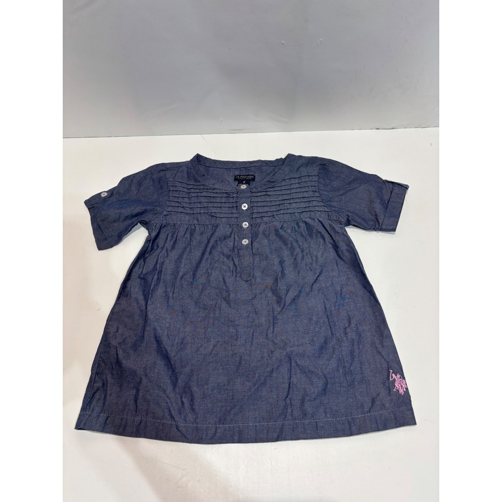 U.S. Polo Assn. Tunic Top Kids Size 6 Blue Pintuck Pleated Chambray Short Sleeve